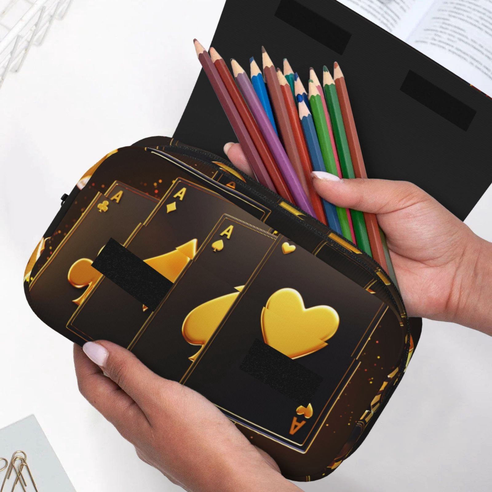 Rateoe Casino Playing Cards Pattern Double Clamshell Pen Case, Storage Organizer with Two Zipper Compartments– Holds Up to 50 Pencils & Pens