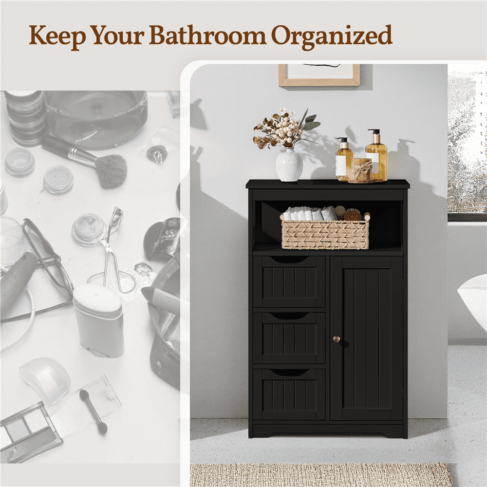Yaheetech Wooden Floor Cabinet w/ Multi-Tiers & 3 Drawers, Black
