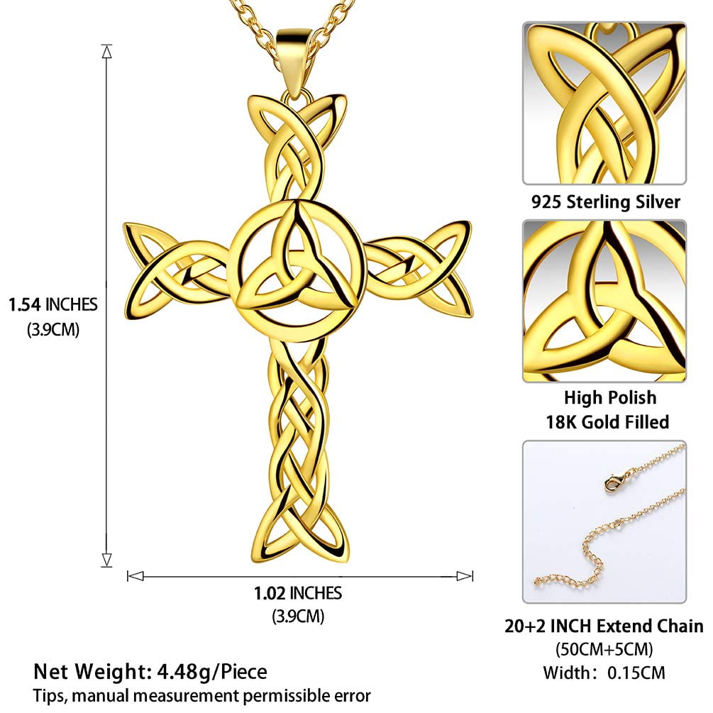 Hipunk 925 Sterling Silver 18K Gold Plated Celtic Cross Necklace for Women Men Trinity Triquetra Knot Pendant Necklace Irish Religious Jewelry Fathers Day Gift
