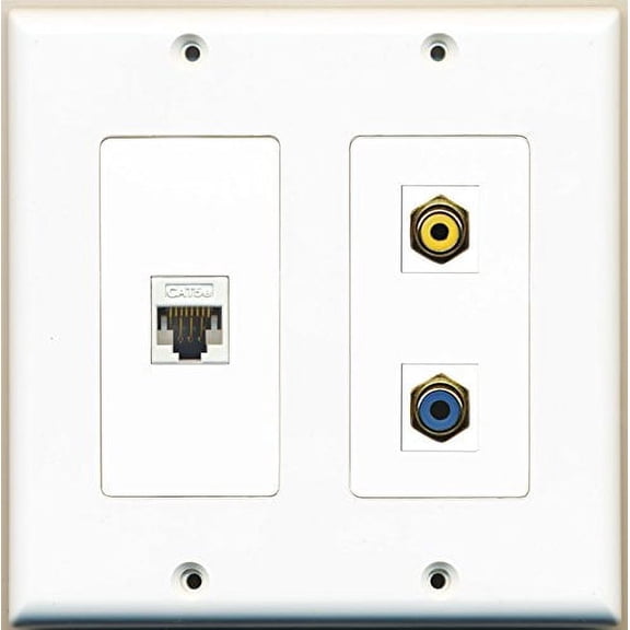 RiteAV - 1 Port RCA Yellow 1 Port RCA Blue 1 Port Cat5e Ethernet White - 2 Gang Wall Plate