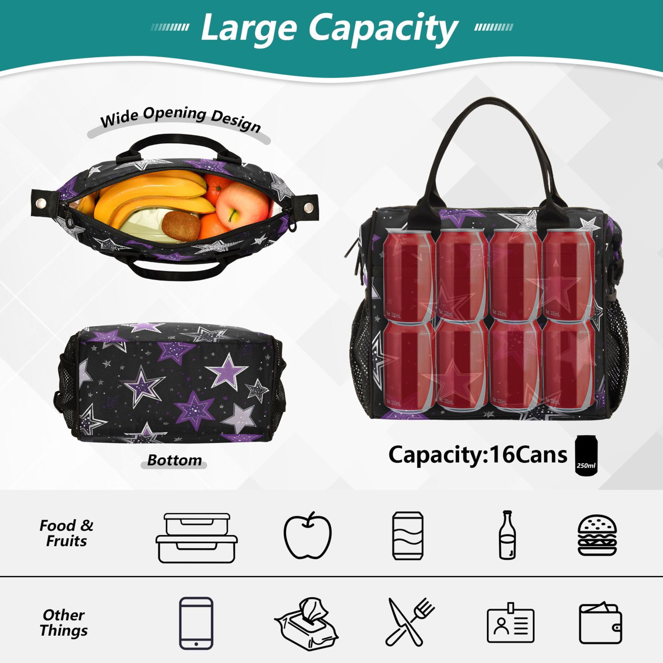 Lunch Bag Insulated Lunch Box Leakproof Reusable Cooler Tote Adjustable Shoulder Strap for Men Women Stars with Silver and Purple 9L