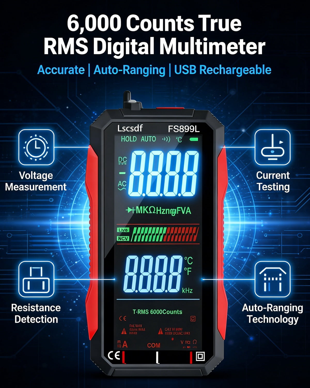 USB Rechargeable Digital Multimeter, 6000 Counts True Rms Tester with Color Screen, Fs899l Auto-Ranging for Home/Industrial/Car Electrical Testing, Measures Voltage Current Resistance