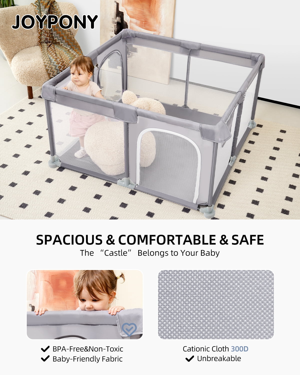 Joypony Extra-Large Baby Playpen, 50 x 50 x 27 in, Activity Play Yard for Baby, Breathable Mesh
