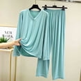 thumbnail image 2 of Women's V-Neck Loungewear Two Piece Set Loose Long Sleeve Top and Straight Leg Full Length Pants Soft Breathable Casual Pajama Set Mint Green, 2 of 7