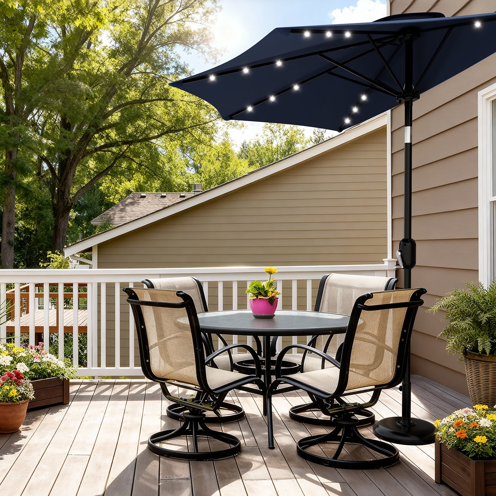 9FT Half Patio Umbrella with Lights – Durable Outdoor Shade Canopy, Smooth Crank Lift, UV Protection – For Patio, Garden, Deck, Balcony, Table
