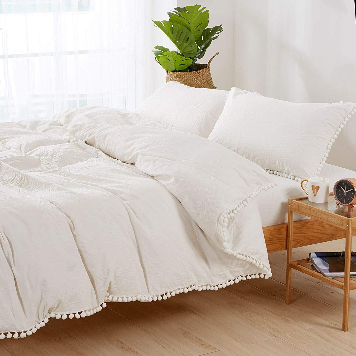 MarCielo Cotton Duvet Cover Set 3 Piece 100% Washed Cotton Duvet Cover 1 Duvet Cover + 2 Pillowcases Pompom (White, King(104x90)