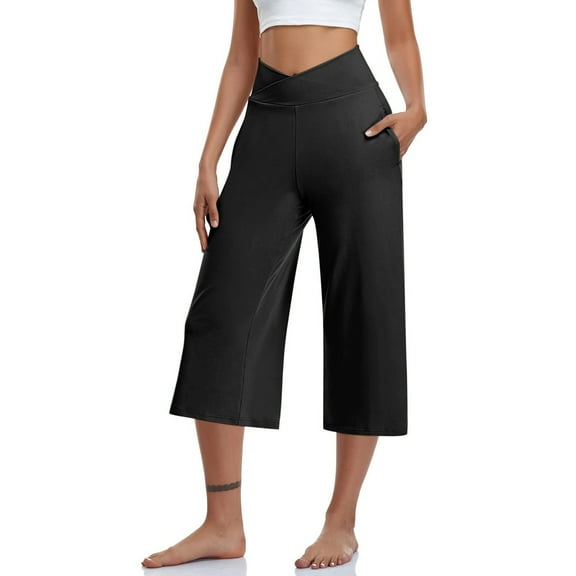 AKEGAMN Yoga Capris with Pockets for High Waisted Stretch Wide Leg Pants, Black S-3XL