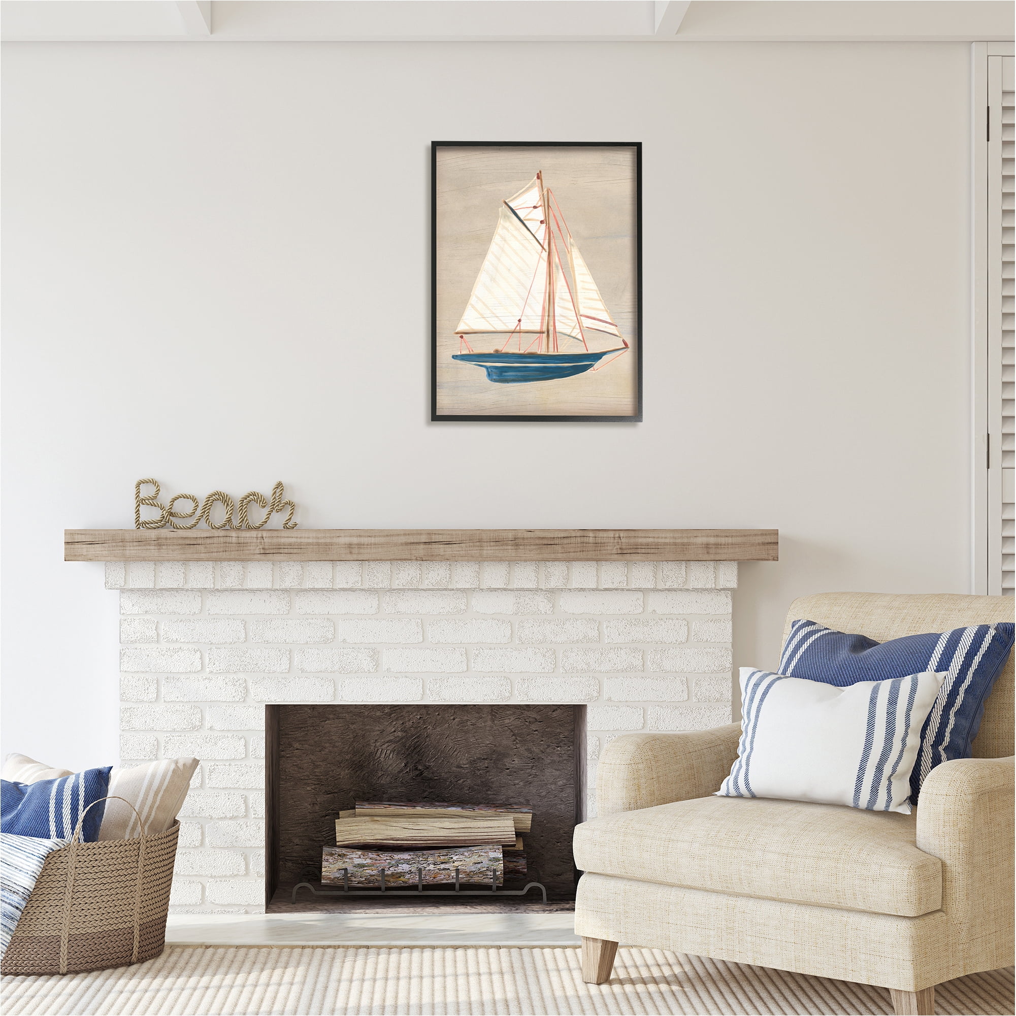 Stupell Industries Rustic Blue Sailboat Transportation Painting Black Framed Art Print Wall Art, 24 x 30