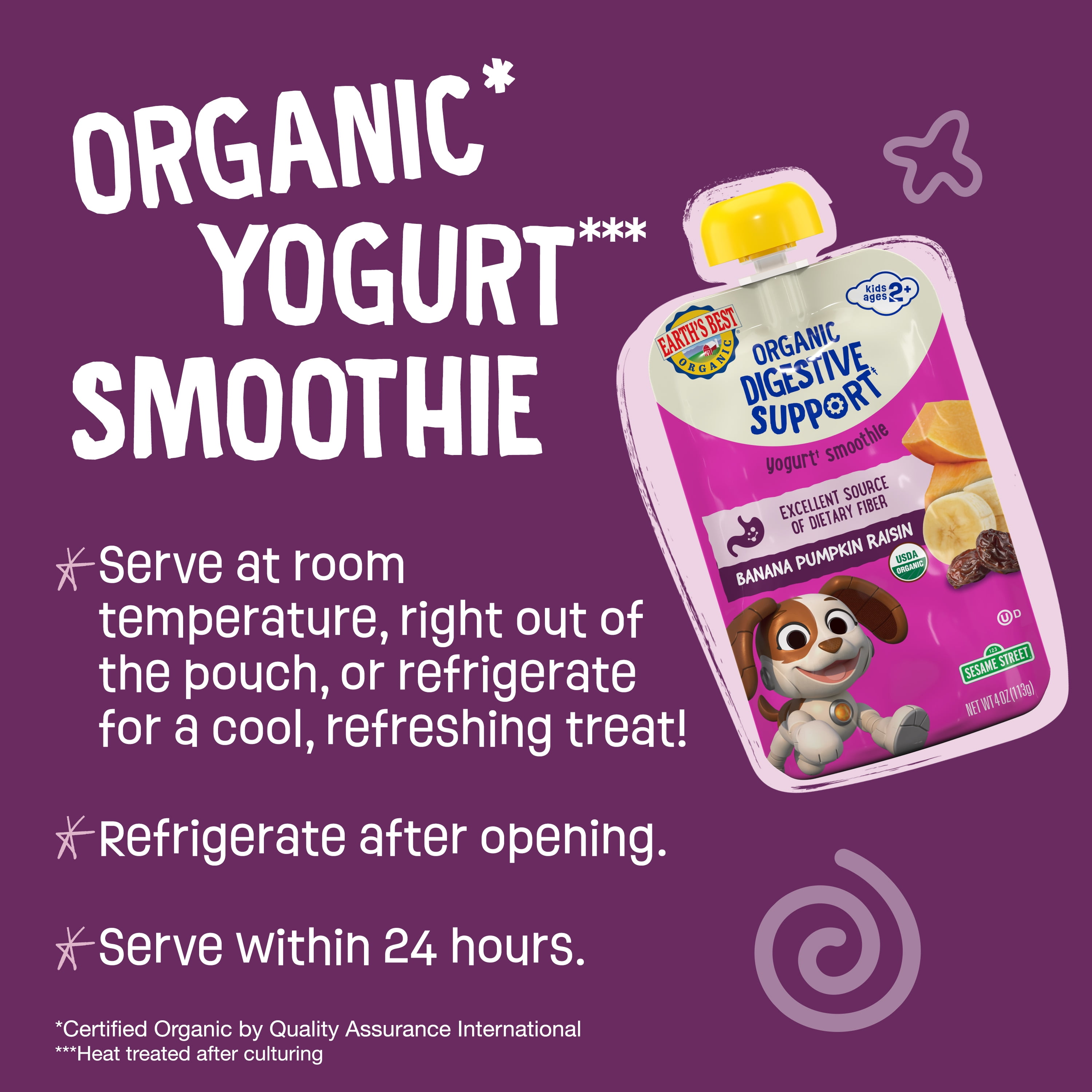 Earth's Best Organic Digestive Support Toddler Food, Banana Pumpkin Raisin Smoothie, 4 oz Pouch