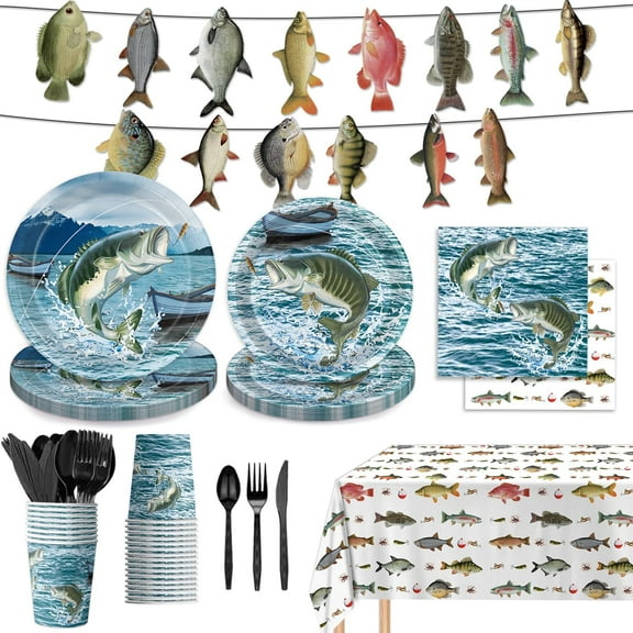170PCS Gone Fishing Party Decorations Fishing Birthday Party Decorations Include Plates, Cups, Cutlery, Banner, Tablecloth for Ofishally One Birthday Decorations, Serve 24