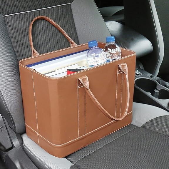 Chic File Organizer Tote - Important Document Organizer Bag, Portable File Box with Handle, Brown