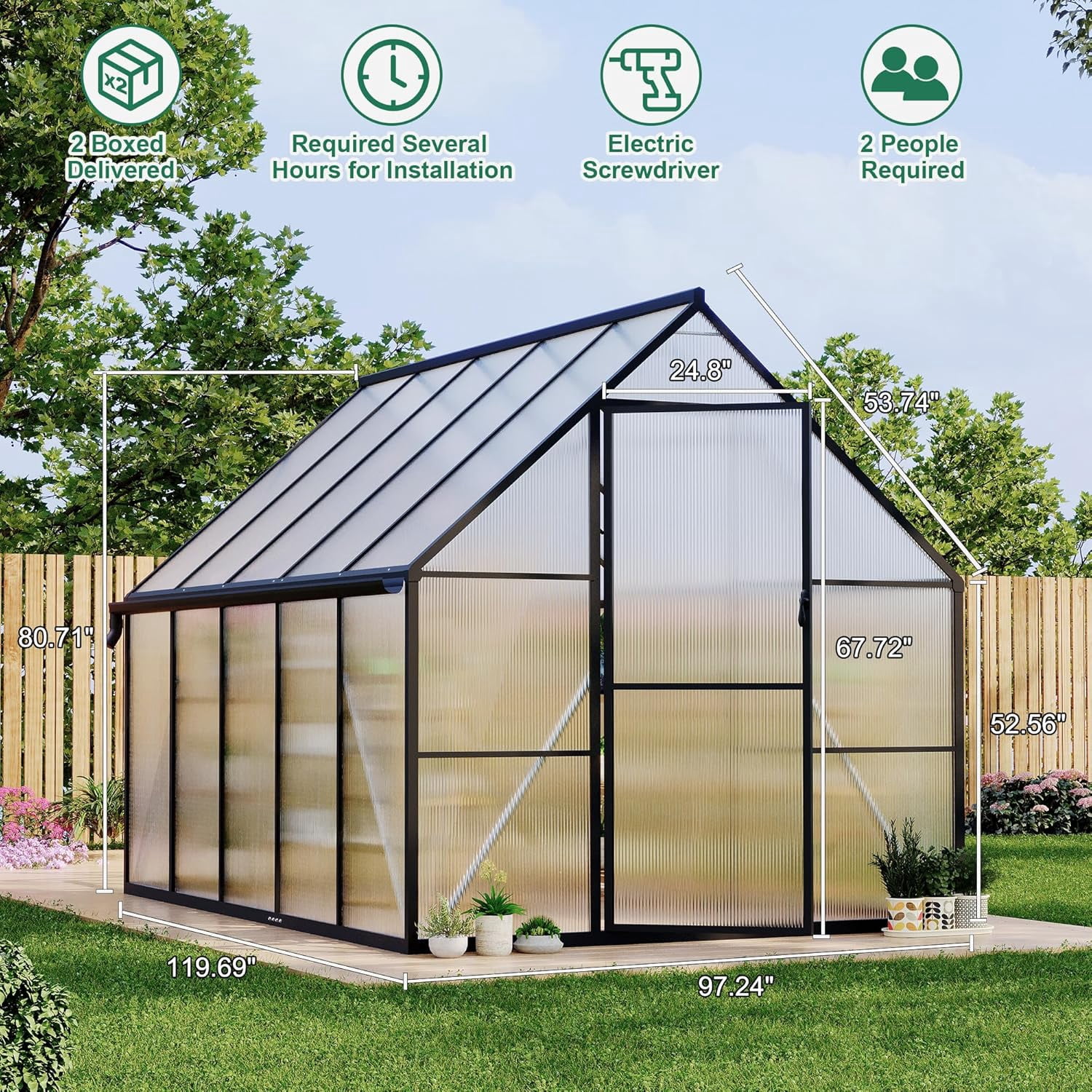 Homhougo 8'x10' Aluminum-Framed Polycarbonate Greenhouse, Heavy Duty Polycarbonate Greenhouse with Quick Setup Structure and Roof Vent, Large Enhanced Aluminum GreenhouseKit for Outdoors