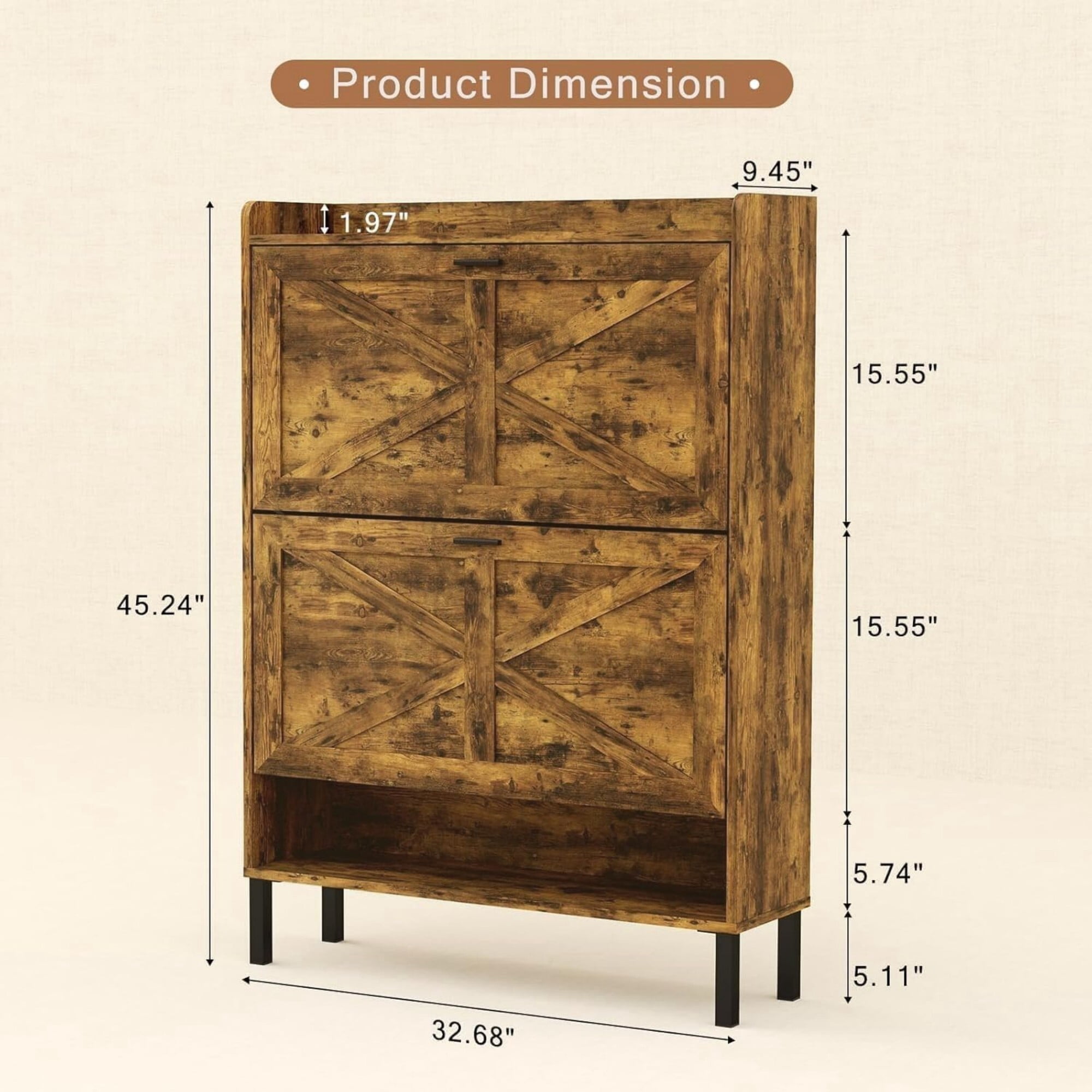 DEALTOPS Slim Flip-Drawer Shoe Cabinet – Rustic Narrow Entryway Storage for 20+ Pairs, Rustic Brown
