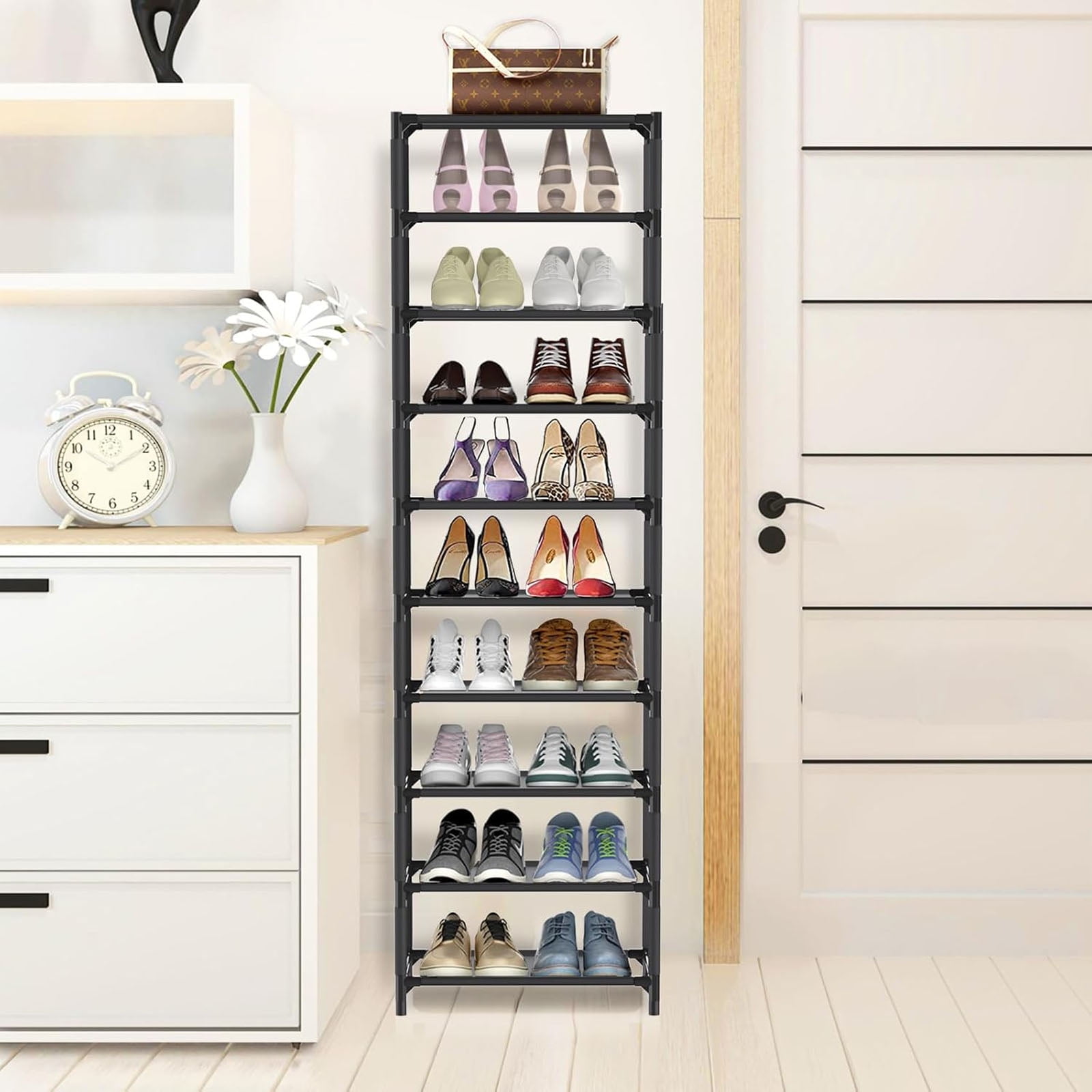 10 Tiers Vertical Shoe Rack, Stackable Combination Shoe Rack, Up to 20-24 Pairs, Sturdy Metal Narrow Shoe Rack Shoe Shelf, Space-Saving Tall Shoe Rack for Hallway Garage Living Room