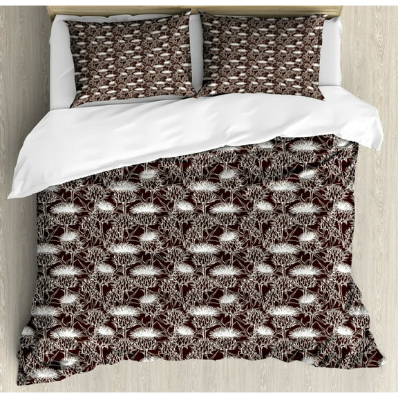 Thistle Queen Size Duvet Cover Set, Monochrome Pattern of Scottish Thistle Motifs as Overlapped Silhouette Figures, Decorative 3 Piece Bedding Set with 2 Pillow Shams, Brown and White, by Ambesonne