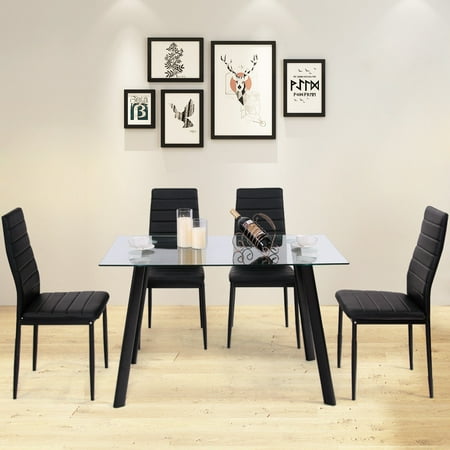 Costway Modern Gl Dining Table Set Tempered Top Pvc Leather Chair W 4 Chairs Black Costway Modern Gl Dining Table Set Tempered Top Pvc Leather Chair W 4 Chairs Black