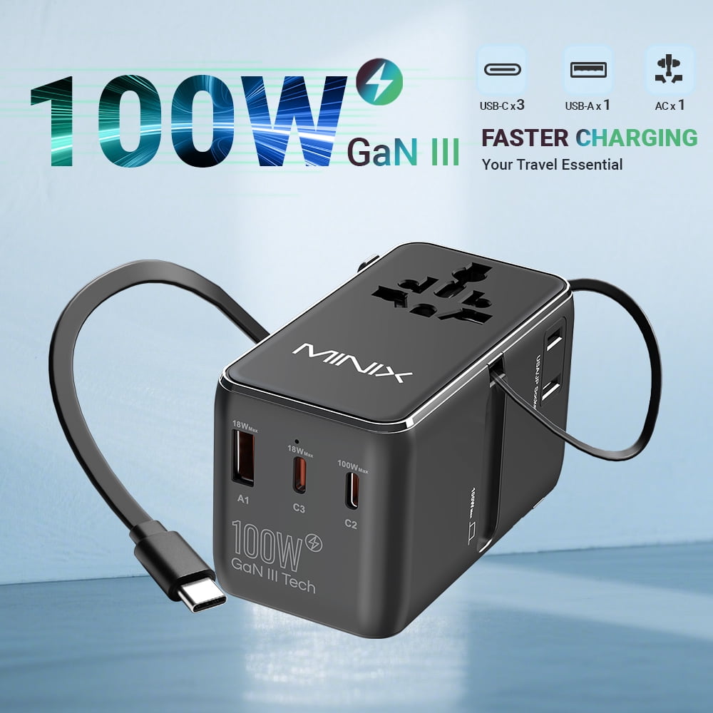 100W GaN Fast Charging Hub – 5-in-1 Multi-Port, 63cm Retractable USB-C Cable, Universal Plug Support & Dual-Fuse Safety for Global Travel MINIX TP100C