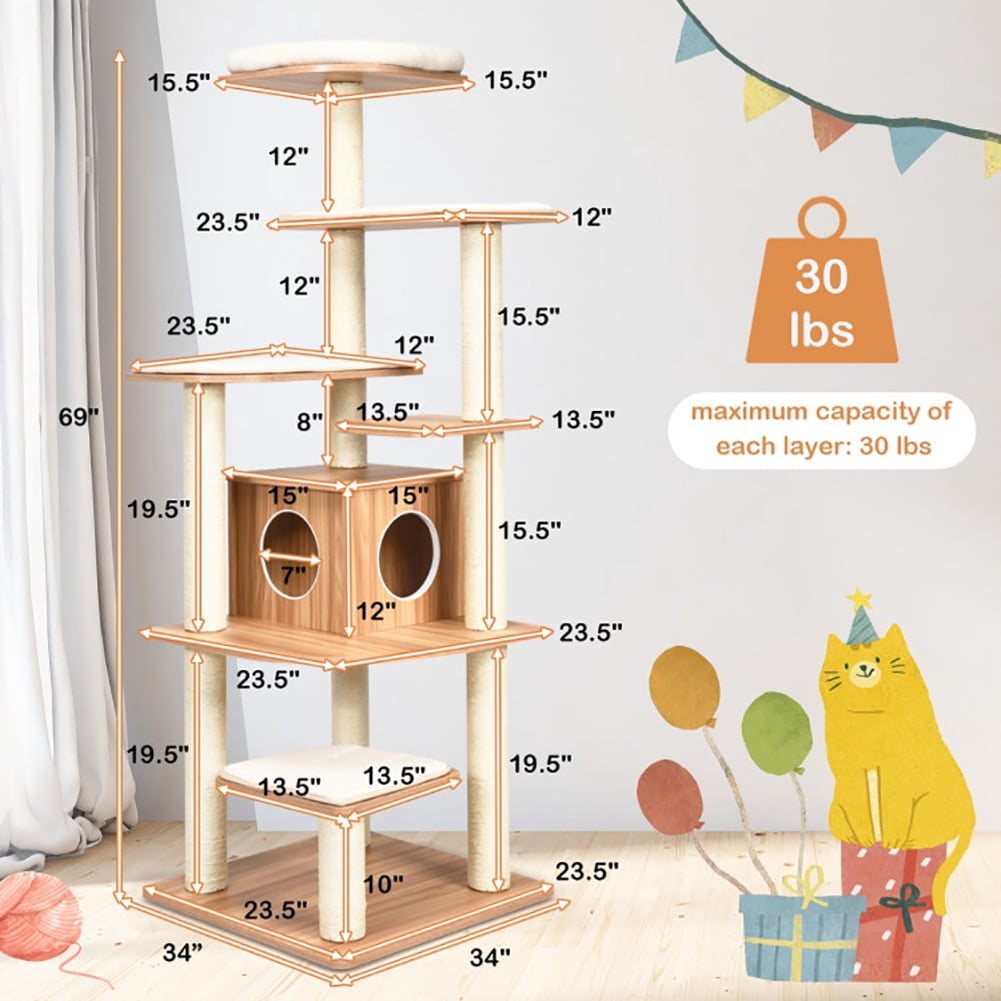 Cat Tower, Cat Tree for Indoor Cats, 7-Layer Wooden Cat Tree Tall Cat Tower with Sisal Posts and Condo-Natural for Kittens, Elderly Cats, Adult Cats