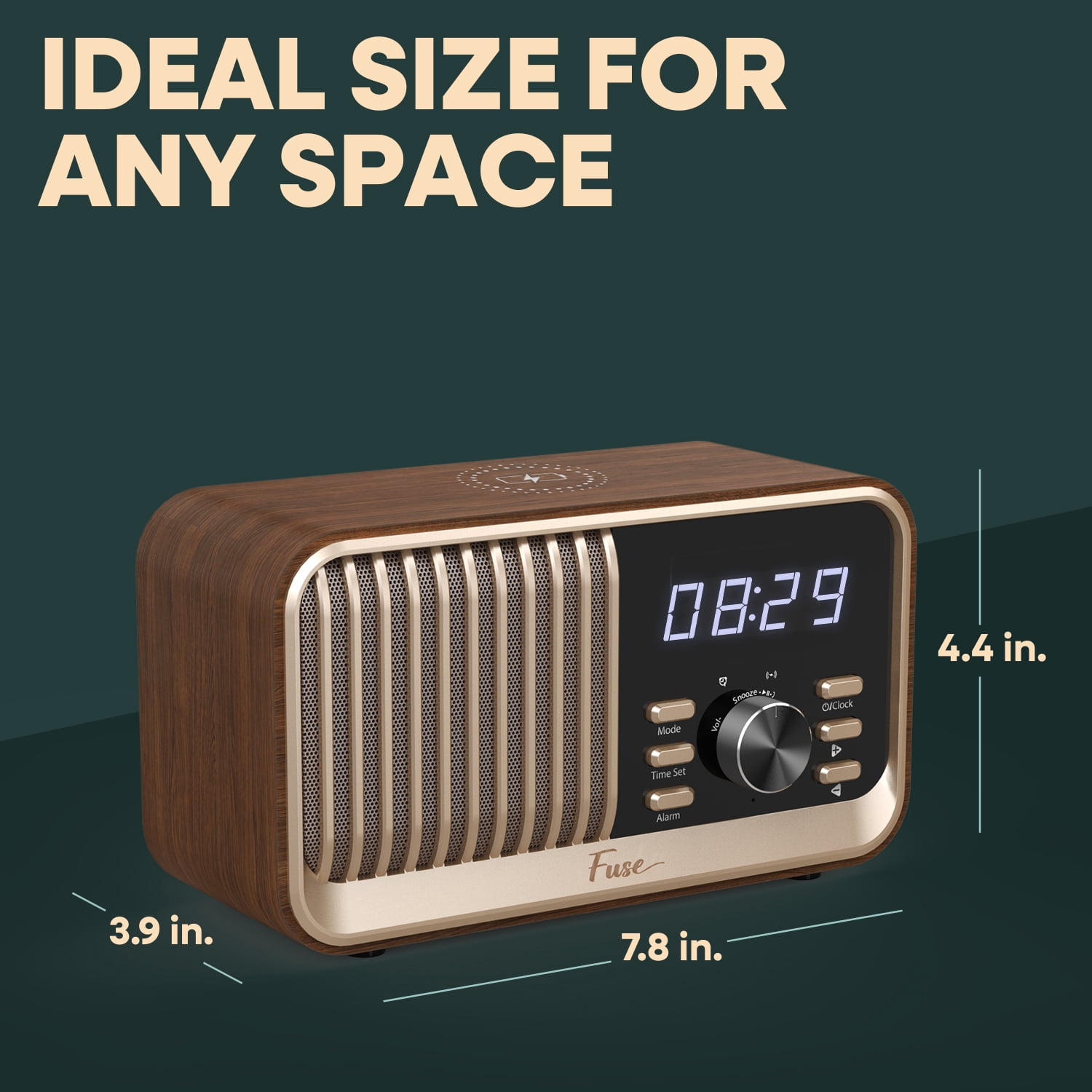 Fuse Hark Bluetooth Radio Speaker | Wireless 10W Charger | FM Radio Speaker with Bluetooth & AUX Input | Alarm Clock | 3 Level Dimmer | Charging Block Included