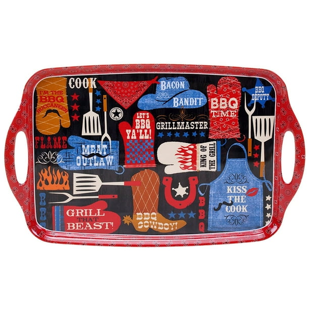 BBQ Bandit Melamine Rectangular Tray with Handles, 19 inches by 12