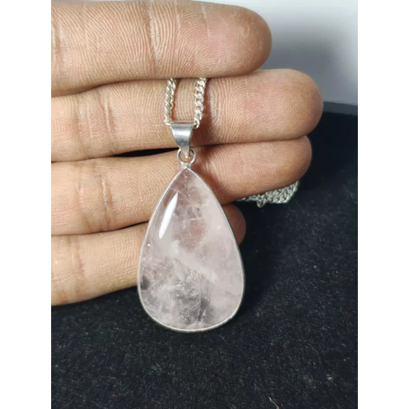 SHYAMGEMS Natural Rose Quartz Teardrop Pendant Necklace, Sterling Silver Chain, Pink