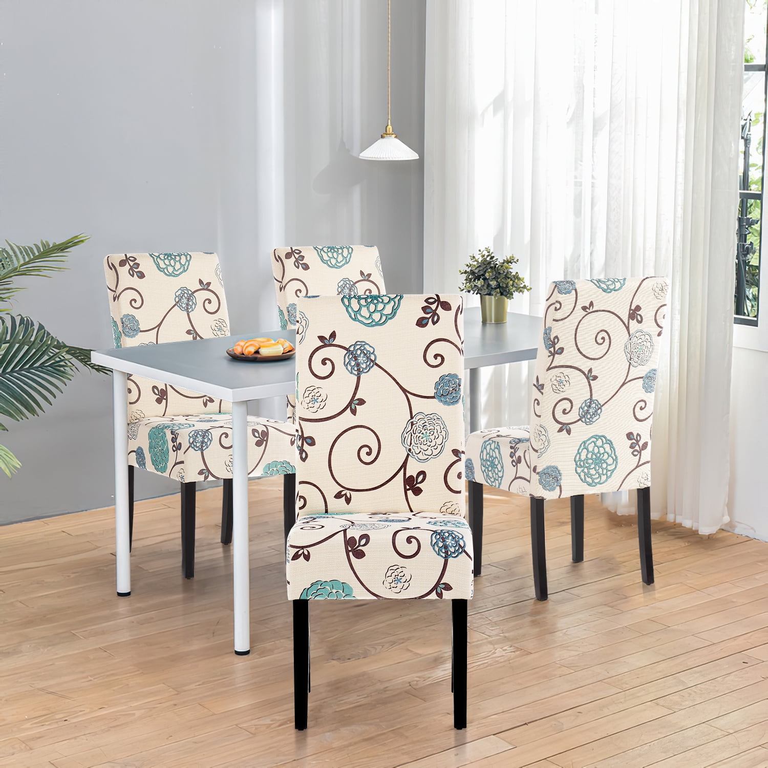 Kadyn Contemporary Upholstered Dining Chairs, Set of 2, Modern Kitchen Chair for Dinning Room, Fabric Kitchen Chair with Wood Legs, white&blue