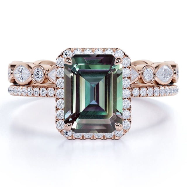 JeenMata Anillo de Bodas con Halo Enmarcado de 2 Quilates de Alejandrita Sintética de Corte Esmeralda y Moissanita Engastado con Banda de Bodas de Eternidad - Oro Rosa de 18 K sobre Plata