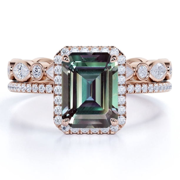 JeenMata Anillo de Bodas con Halo Enmarcado de 2 Quilates de Alejandrita Sintética de Corte Esmeralda y Moissanita Engastado con Banda de Bodas de Eternidad - Oro Rosa de 18 K sobre Plata