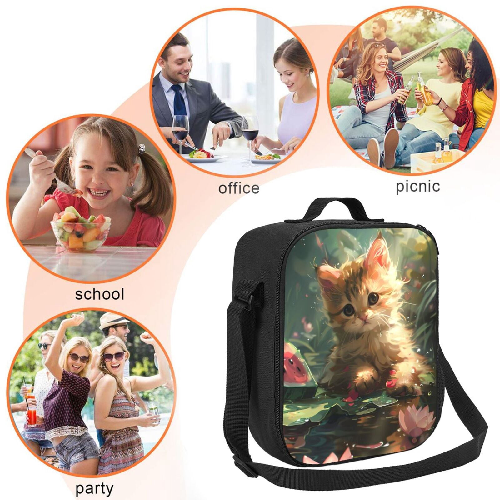 Ratiio Cute Kitten Water Lilies Print Lunch Box - Reusable Lunch Bag Men Adult Women- Insulated LunchBox