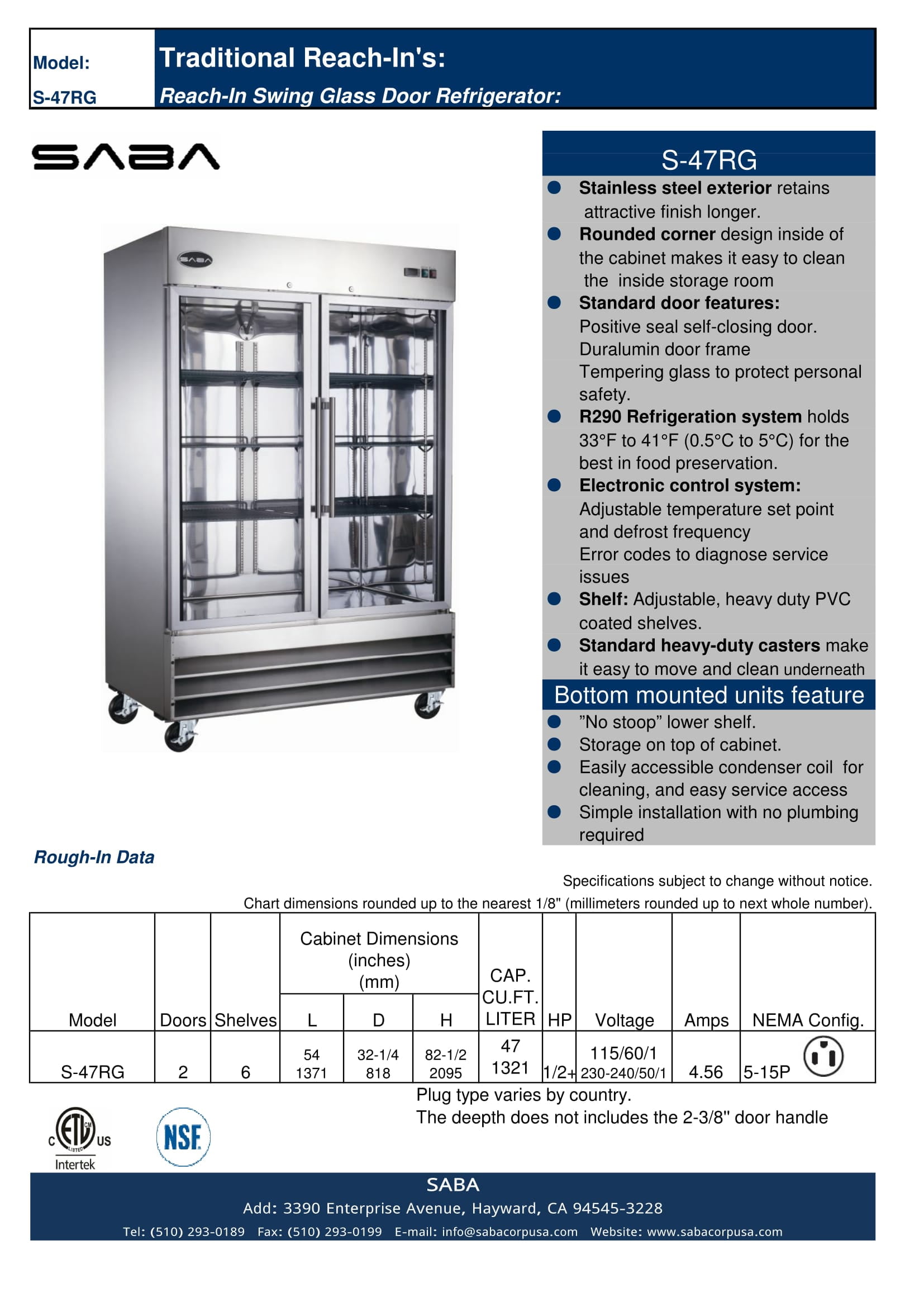 Heavy Duty Commercial Stainless Steel 47 cu ft Glass Door Reach-In Refrigerator (2 Door)