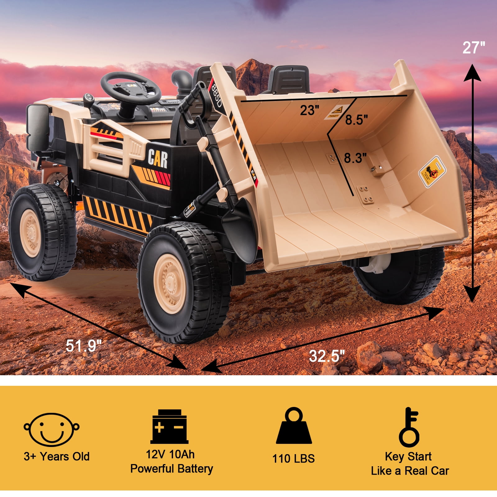 FINITO 12V 10Ah Ride on Tor for Toddlers, Powerful 4 Wheels Electric Dump Truck, 2 Seater Kids Ride on Car w/Parent Remote Control, Khaki