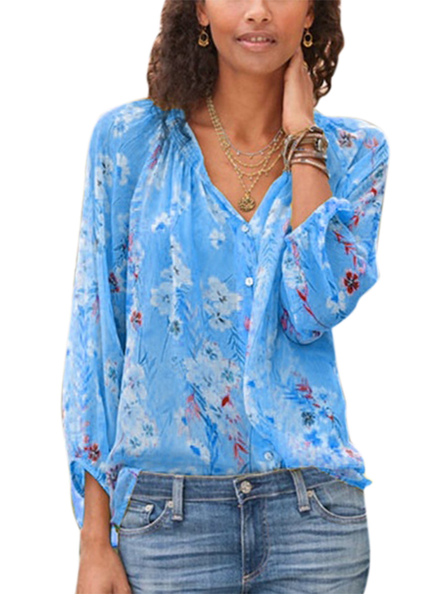 Women's Floral 3/4 Sleeve Plus Size V Neck Casual Beach Peasant Tops