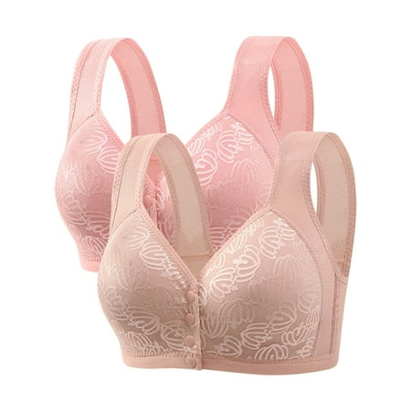 WREESH 2 Pack Push-Up Bra Adaptive Bra Women No Underwire Bras Printed Gathered Middle Button Breathable Underwear Daily Bra Underwear Green