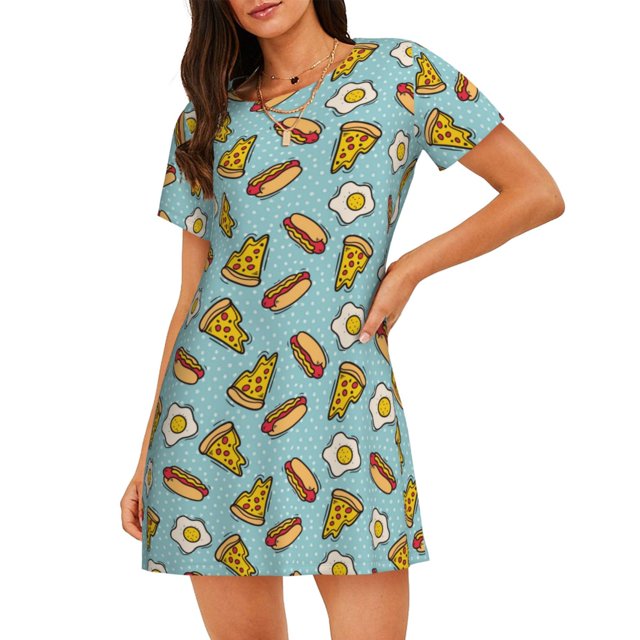 Fotbe Hot Dog Pizza Bata de Dormir para Mujer con Estampado, Camisón de Algodón de Manga Corta, Ropa de Dormir Casual