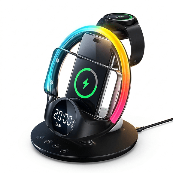 INSMART Wireless Charger,6-in-1 Wireless Magnetic Charging Station with Digital Clock, Alarm, Phone Stand & Colorful Mood Light,Compatible with iPhone,Samsung, AirPods,Apple Watch (Black)