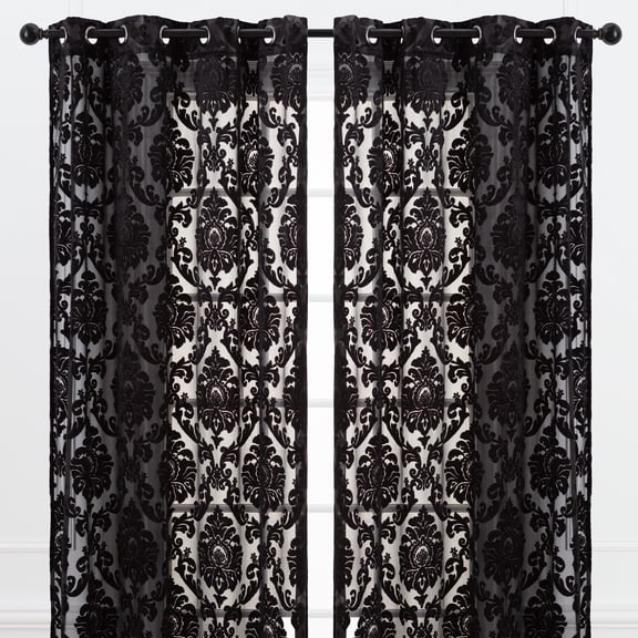 Chanasya Black Velvet Sheer Damask Curtains - 63 Inch Panels - Classy Elegant Textured Vintage Grommet Curtain Light Filtering Drapes for Living Room Bedroom Kitchen - Light Filtering 2 Panel Set