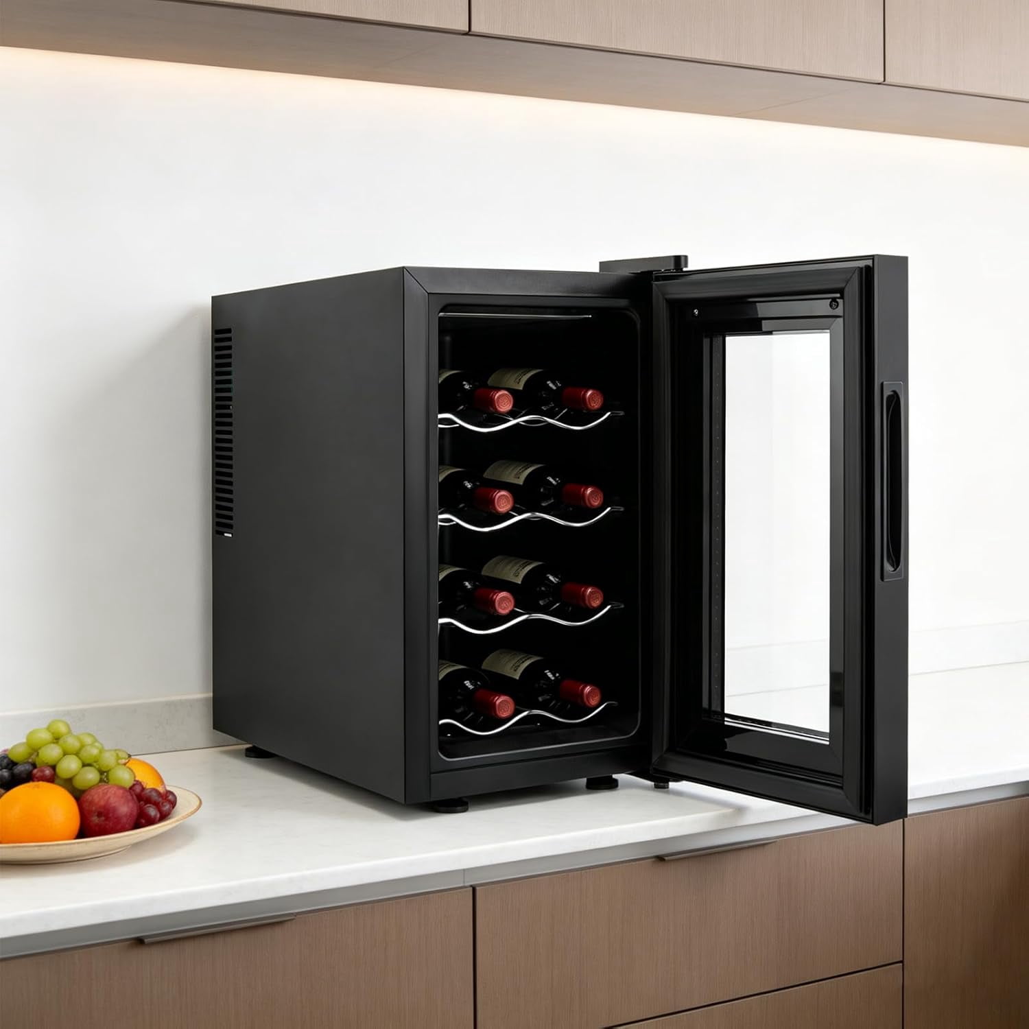 Miumaeov Thermoelectric Wine Cooler Countertop, 8-Bottle Horizontal Wine Fridge with Removable Shelves, 4 Tiers Freestanding Wine Chiller, 46.4-64.4°F