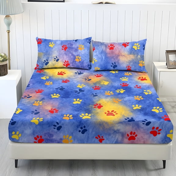 ZIATUBLES 3 Pcs Twin Size Sheet Set, Paw Printed Soft Comfort Bedding Sets with 1 Fitted Sheet and 2 Pillowcases, Cooling Cozy All-Season Bed Sheets Easy To Care