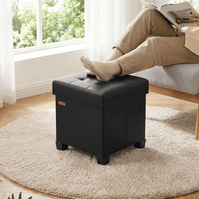 LEDREM 15-Inch Cube Storage Ottoman, 660 lb Capacity Foldable Footrest with 10 Gallon Storage, Synthetic Leather, Ink Black
