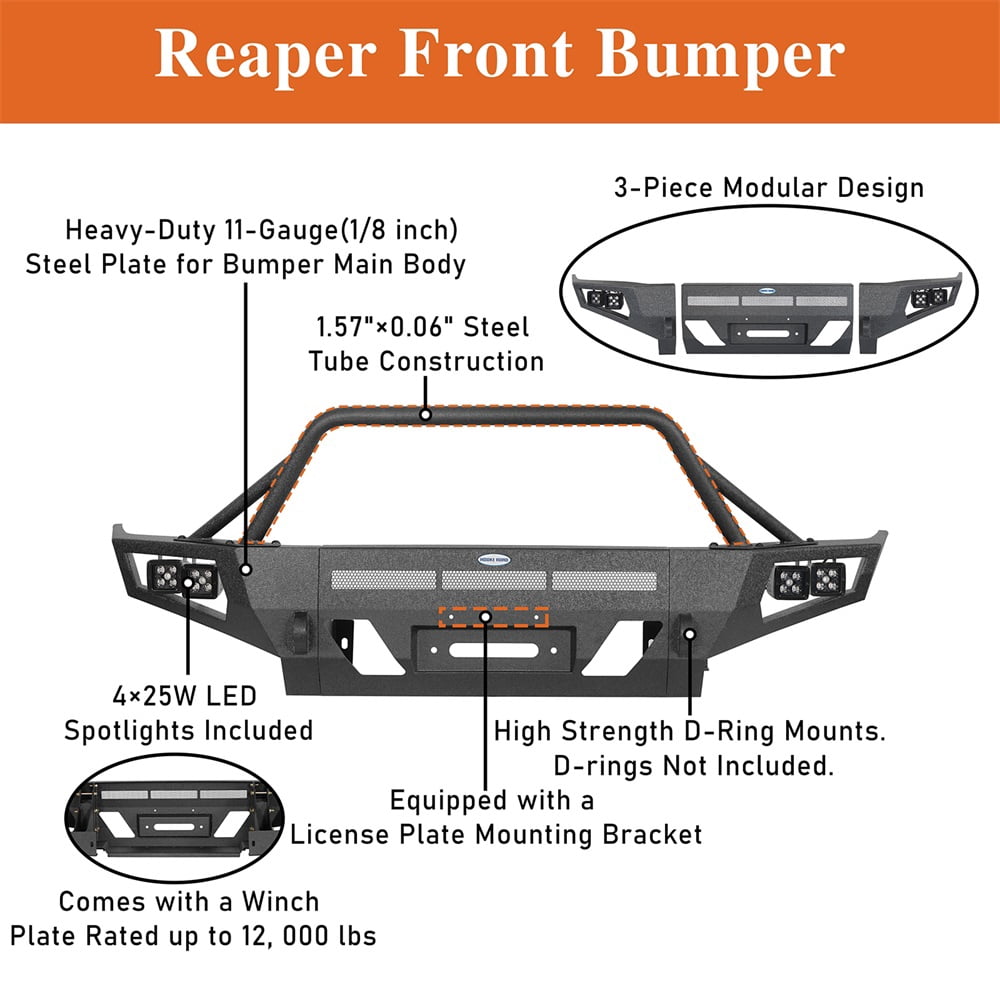 Hooke Road Fit 2016-2023 Toyota Tacoma Steel Front Bumper With Winch Plate Black