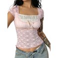 thumbnail image 3 of Womens Fairy Grunge Aesthetic Crop Top Short Sleeve Square Neck Vintage Shirt Graphic Print Lace Summer Tee(B Pink,S), 3 of 9
