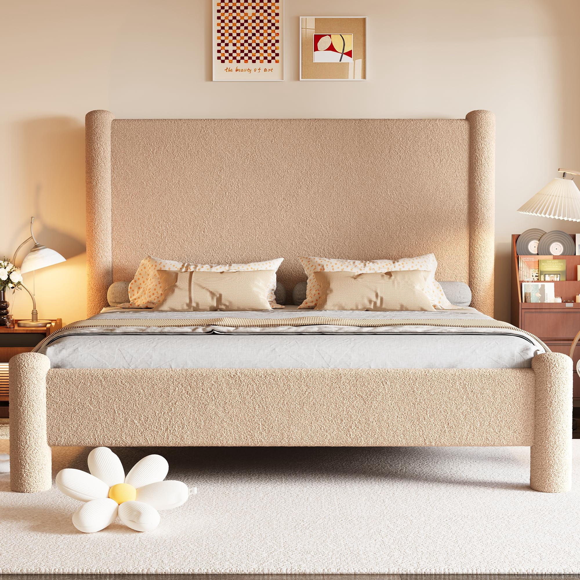 Merluxy King Size Bed Frame, Boucle Upholstered Bed Frame with Charging Station, Platform Bed with Soft Rounded Corners, Easy Assembly, Khaki
