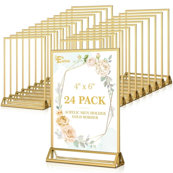 EHWINE 24 Pack Acrylic Sign Holder 4 x 6, Double Sided Gold Picture Frame Stand up Table Top Sign Holders, Clear Display Stand Menu Flyer Holder for Wedding Party