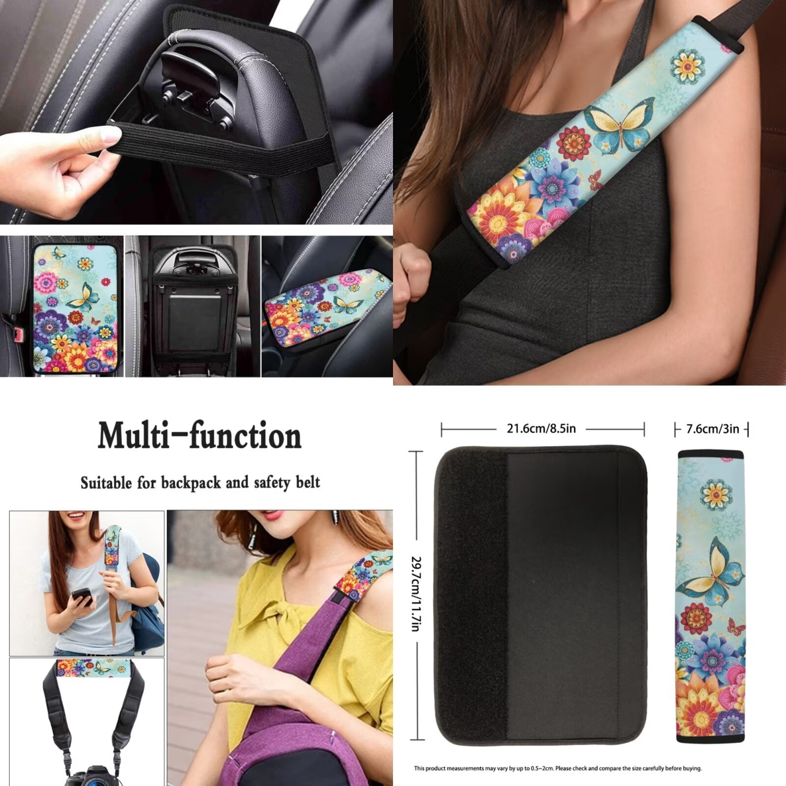 Garronmavis Dahlia Butterfly Fall Car Front Rear Bench Seat Protector Covers 13 Pieces Set, Seatbelt Pads, Steering Wheel Cover, Auto Coasters, Keychain, Key Ring Chapstick Holder,Console Cover