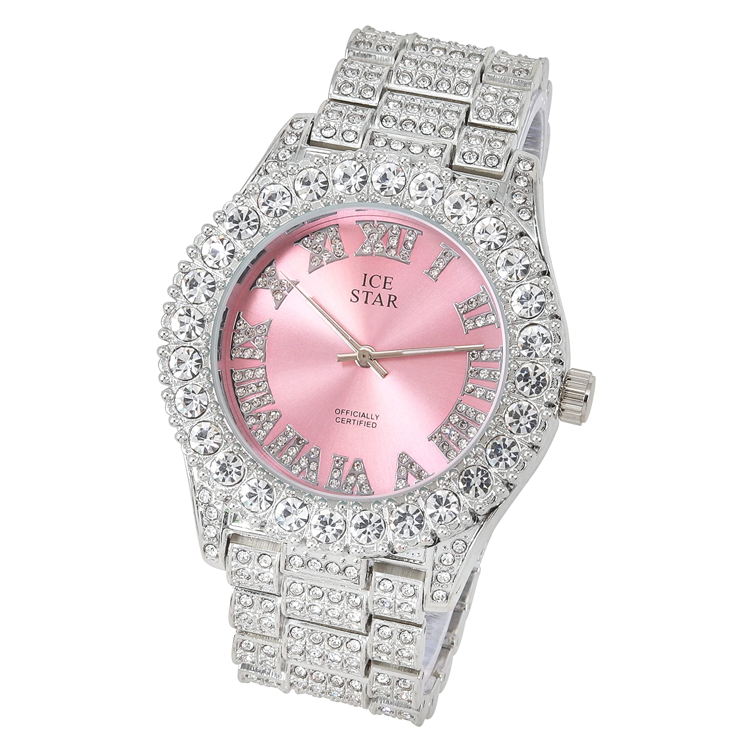 Women's 44mm Solitaire Bezel Watch - Bling-ed Out Adjustable Band - Silver Tone Finish with Ravishing Crystals - Simulated Diamond Watch with Roman Dial