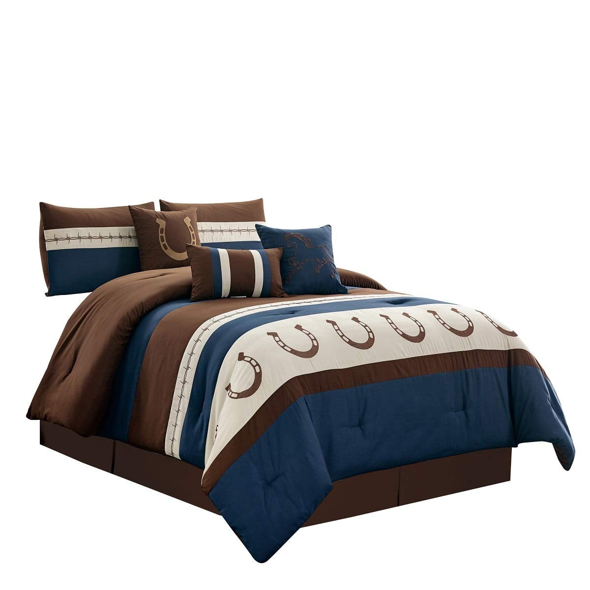 WPM WORLD PRODUCTS MART 7 Piece Western Southwestern Native American Design Comforter Set Multicolor Coffee Brown Embroidered Size Bed in a Bag Navajo Bedding Set Navy Blue, King Makala 