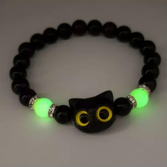 GKNET 1Pc Glow-in-the-Dark Cat Beaded Bracelet Animal Bangle Luminous Charms Jewelry-Black Yellow