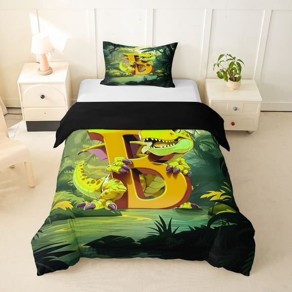 Castle Fairy Dinosaur Jungle Letter B Twin Bedding for Kids,Cartoon Animal Duvet Cover Set,2pcs,No Comforter,Black Reversible