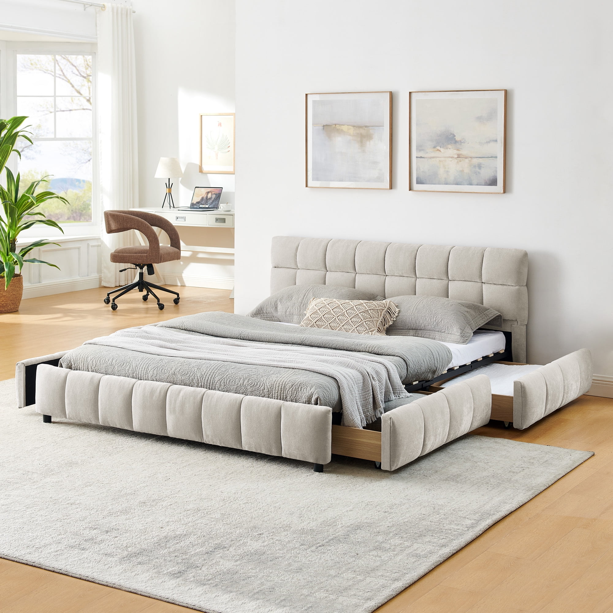 Jopath Queen Size Upholstered Bed ,Upholstered Bed Frame with Headboard and Drawer for Teen and Adult Beige