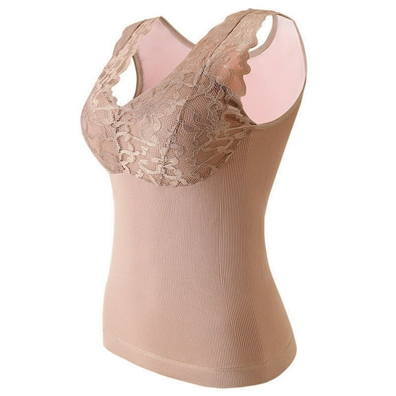 Gswybco Seamless Underwear Tops for Women Casual Plus Fleece Lace Sleeveless Tank Tops Fall Soft Loose Solid Color Warm Bottoming Tops